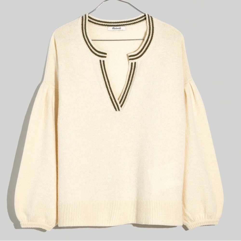 Madewell Wiltshire V Neck Pullover Balloon Sleeve Sweater Cream Green Size S